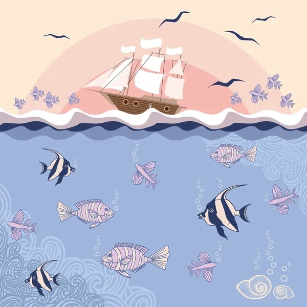 魚と船のベクトル図. — ストックベクタ