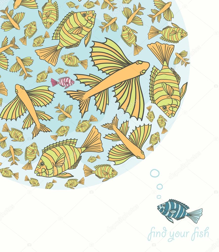 Abstract template for greeting card with fishes. 