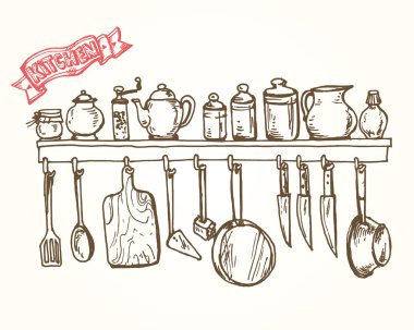Vektör grafik, sanatsal, mutfak eşyaları ile stilize raf.