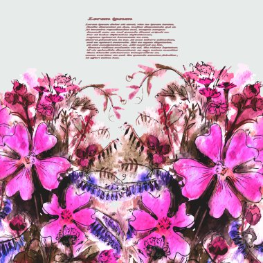 Çiçekli romantik suluboya kartı. Dekor tasarım tebrik araba