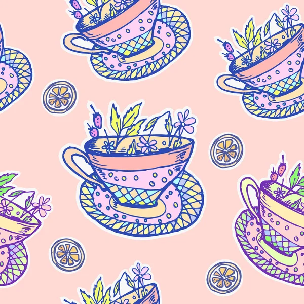 Acuarela patrón sin costura con taza de té — Archivo Imágenes Vectoriales