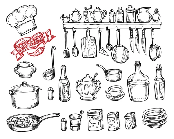 Vector gráfico, artístico, conjunto estilizado para el diseño de la cocina - kitc Ilustración De Stock