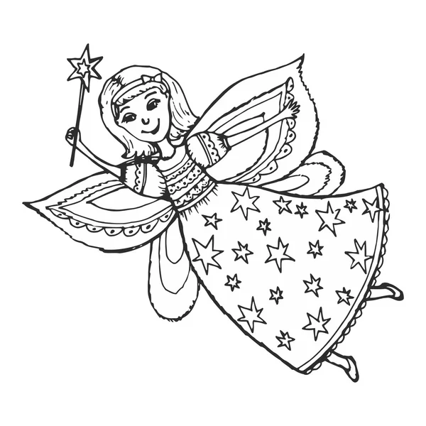 Hand drawn, cartoon, sketch illustration of fairy with a magic w — Stock Vector