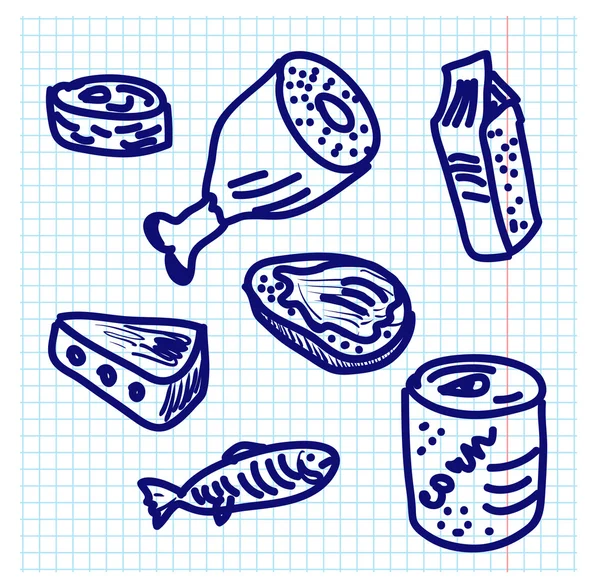 一系列素描笔记本工作表上的食物 — 图库矢量图片