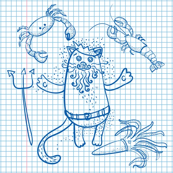 Gato e caranguejo Neptuno, lula, lagosta desenhada sobre folha de papel — Vetor de Stock