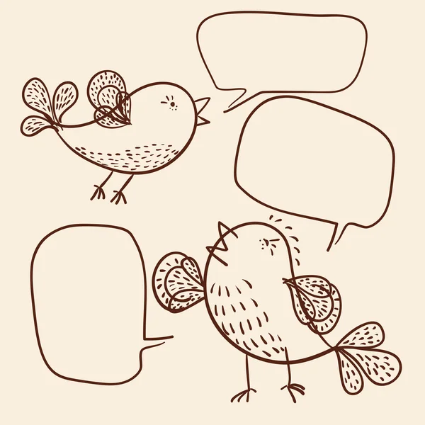 Two little birds with speech bubbles outline vector illustration — Stock Vector
