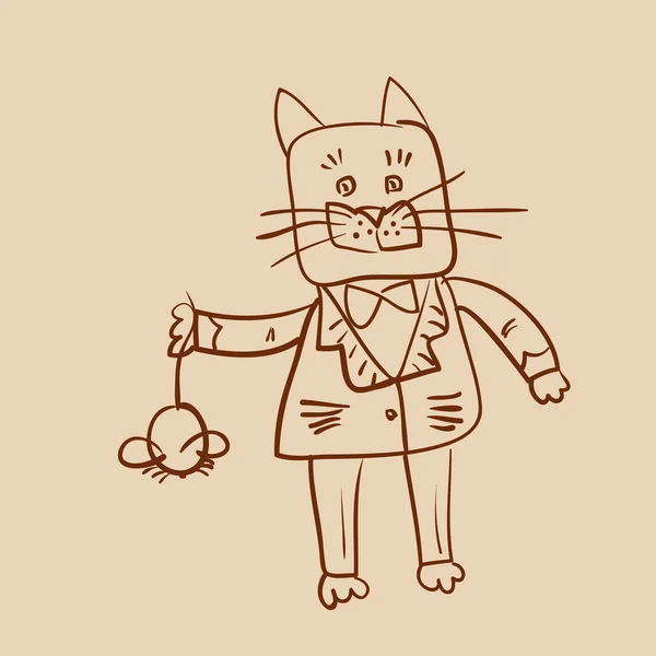 Контур рисунка жирной одетой кошки, которая ловит мышь — стоковый вектор