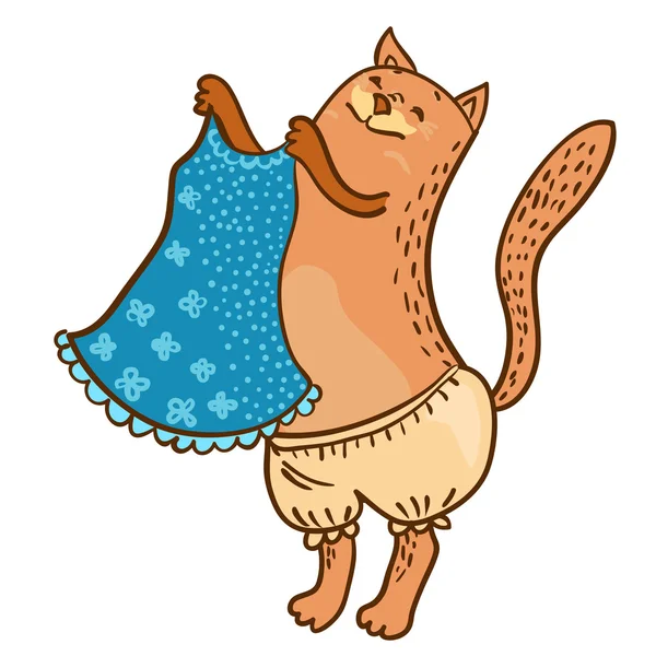 Pretty brown kitty with blue dress vector illustration on white — Stock Vector