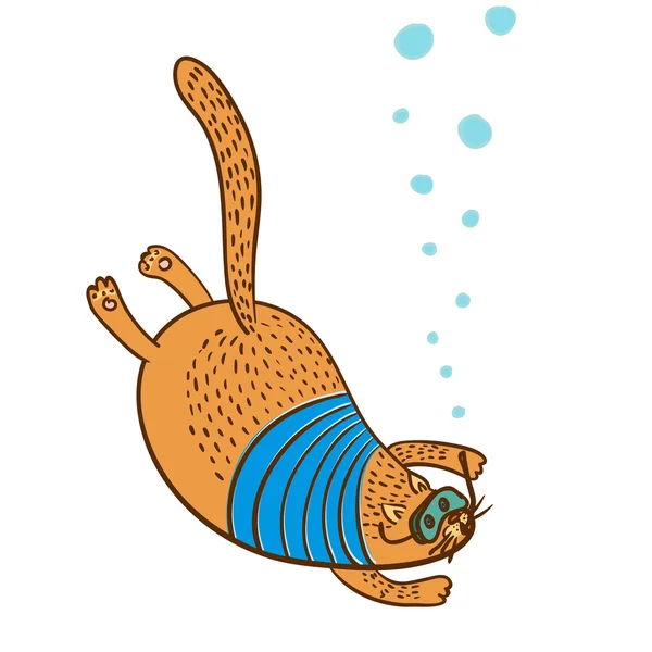 Cat the diver isolated on white vector illustration — Stock Vector