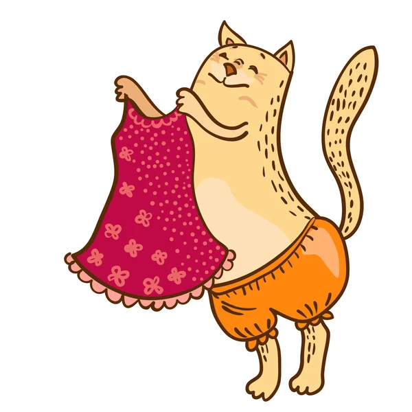 Hübsche Miezekatze mit rosa Kleid Vektor Illustration auf weiß — Stockvektor