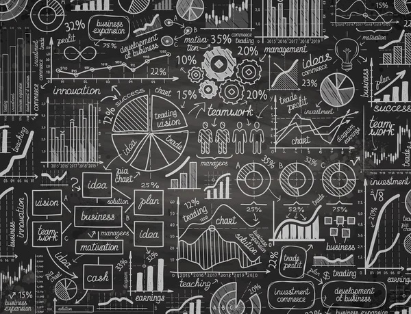 Infográficos de negócios. gráficos desenhados à mão com giz na placa preta. ilustração vetorial — Vetor de Stock