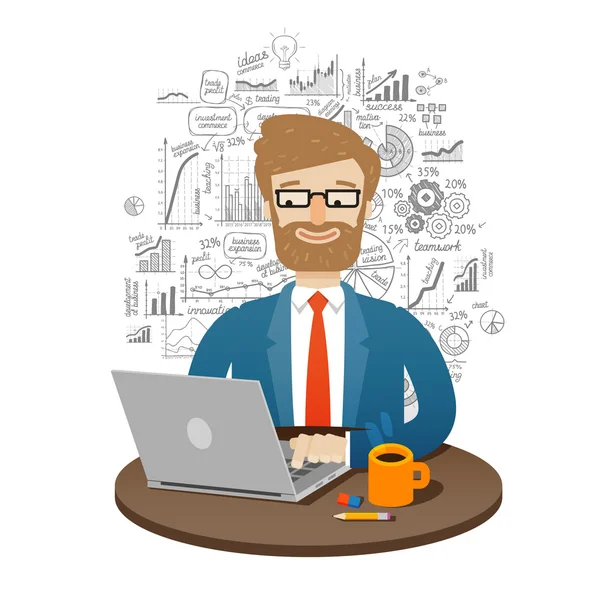 Business. zakenman die op laptop werkt. vectorillustratie — Stockvector