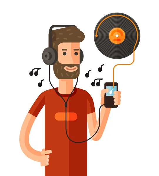 Homem dos desenhos animados a ouvir música. ilustração vetorial —  Vetores de Stock
