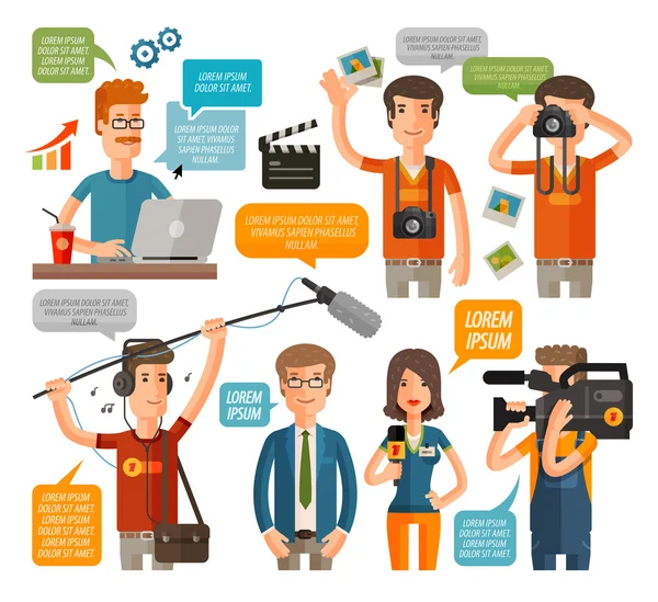 Fotógrafo y reportero, televisión, periodismo conjunto de iconos planos. ilustración vectorial — Vector de stock