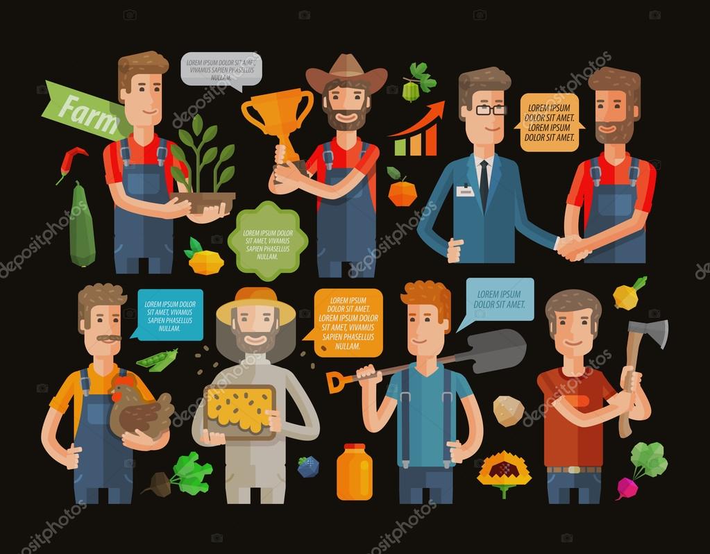 Farmer and the farm icon set on black background. vector illustration