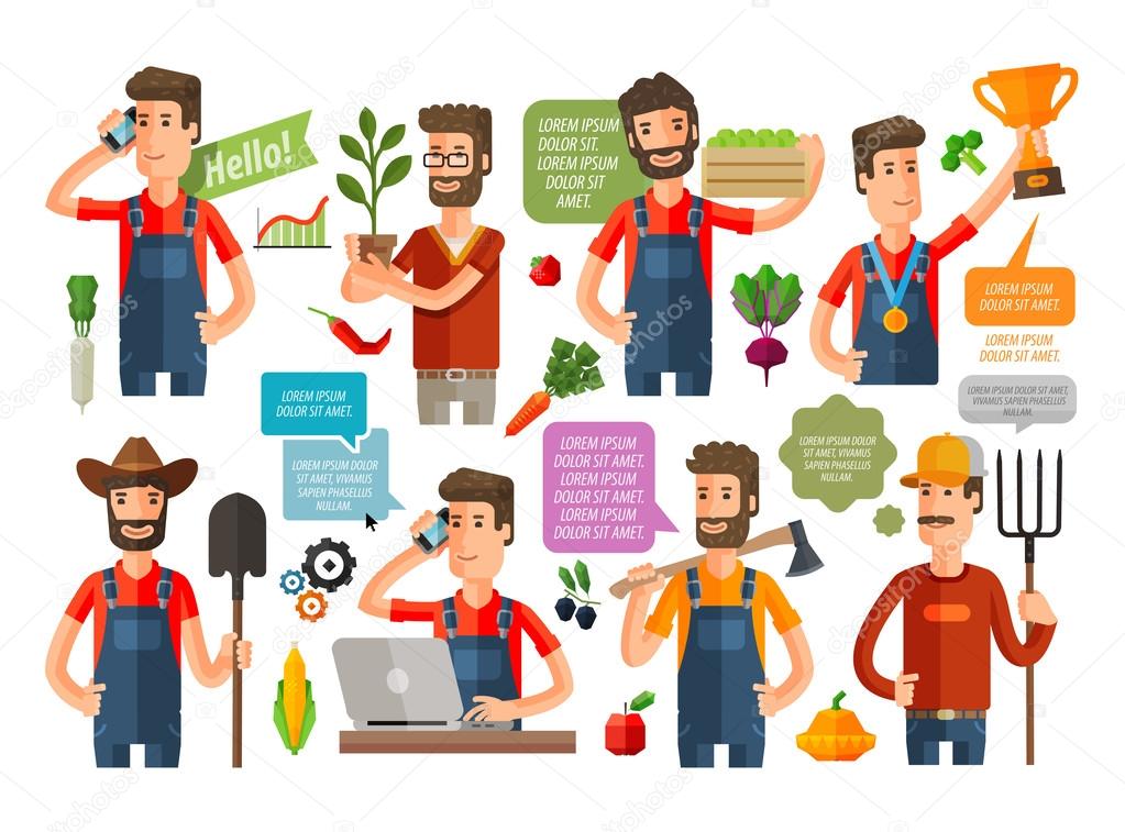 farmer or farming, gardening icons set. vector illustration