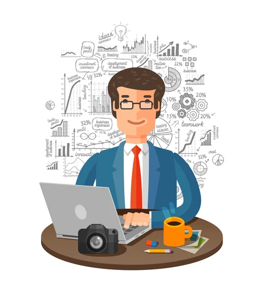 Vector business infographics. businessman in office working on laptop — Stock Vector