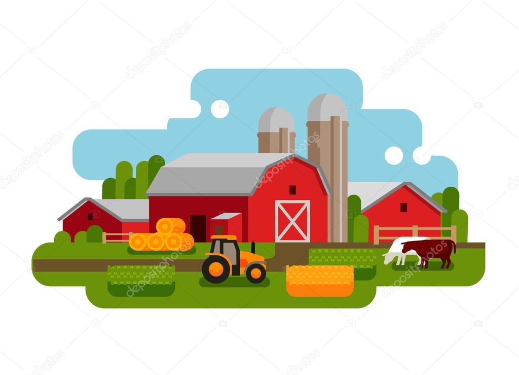 Flat vector illustration of a farm landscape. Agriculture, crop, field, barn, tractor, cow icons
