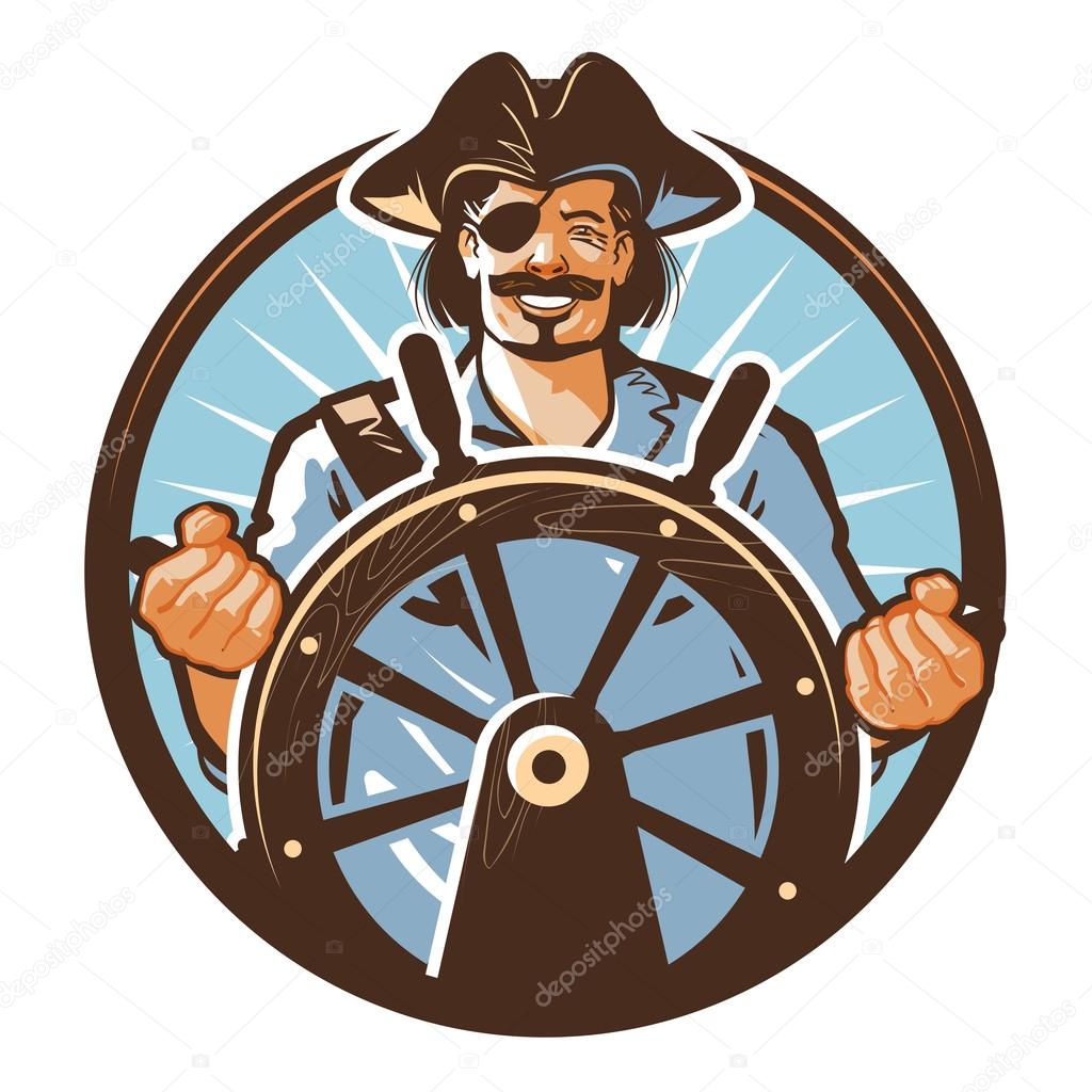 Pirate ship vector logo. Jolly Roger, journey or corsair icon
