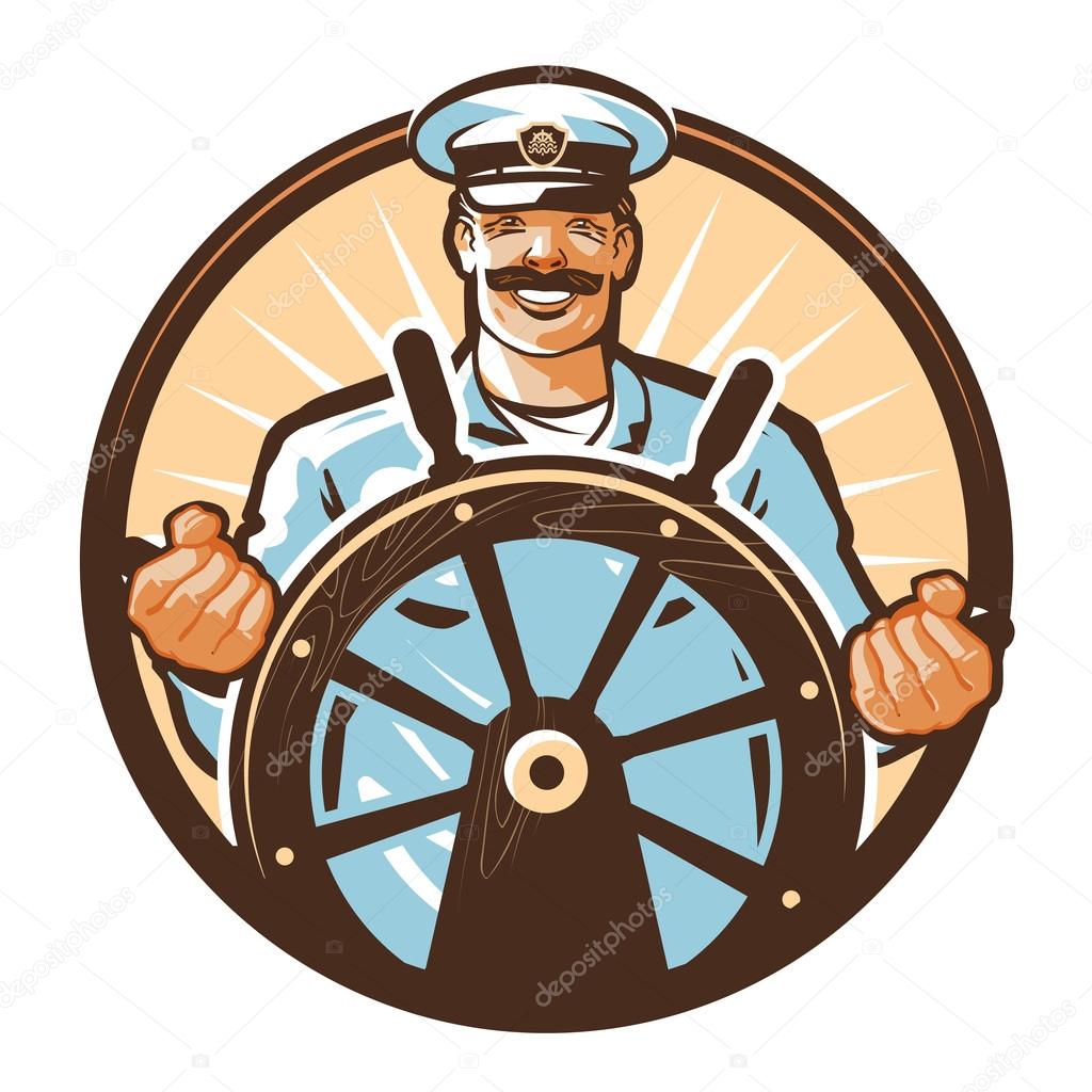 Captain of the ship and the helm isolated on a white background. vector illustration