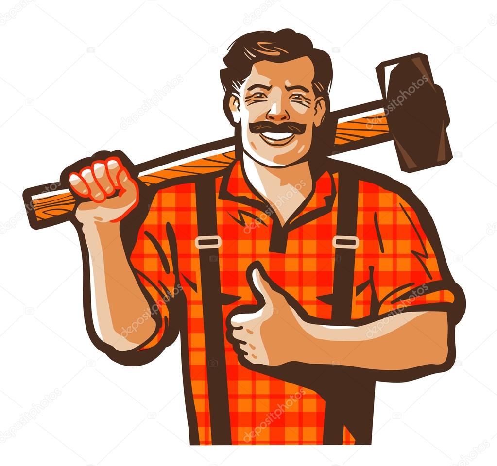 Worker with a sledgehammer in hand isolated on white background. vector illustration