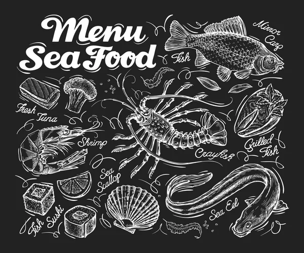 Menu zeevruchten. Hand getekend vis karper zee paling, mosselen, garnalen, kreeft, sushi. vectorillustratie — Stockvector