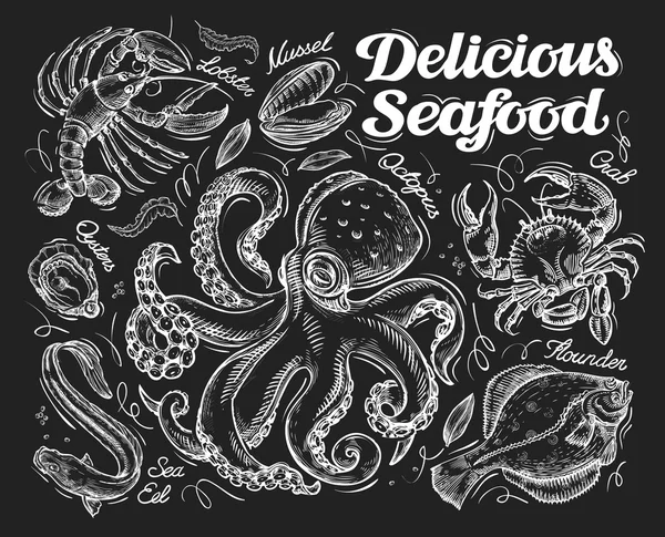 Delicioso marisco. Dibujo dibujado a mano pulpo, cangrejo, pescado, lenguado, anguila, ostra, mejillón, langosta. ilustración vectorial — Vector de stock