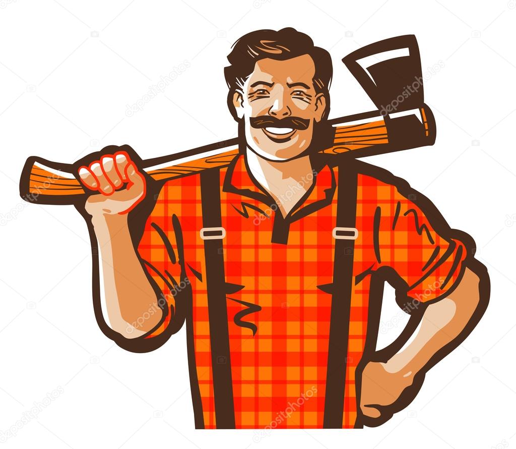 Happy carpenter with an axe in his hand. vector illustration