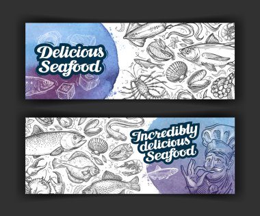 Menü deniz ürünleri. vektör şablon broşür veya el ilanı restoran ve kafe. çizilmiş Eskizler gıda konulu