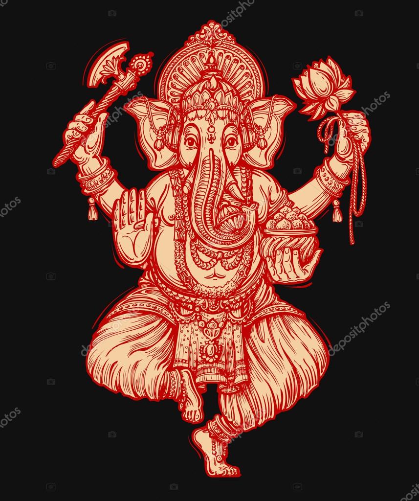 Hand-drawn Ganesh on a black background. vector illustration