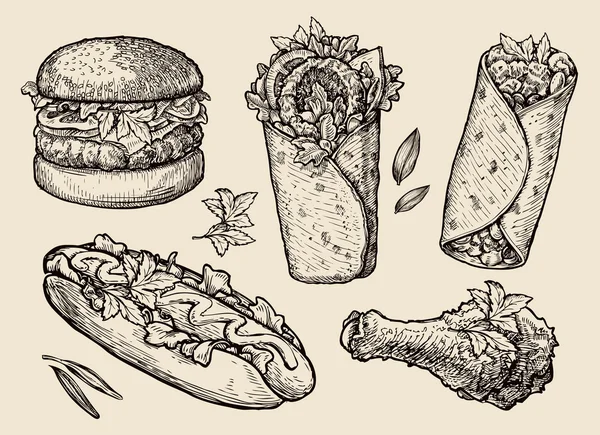 ファーストフード。手には、ハンバーグ、ハンバーガー、ピザ、サンドイッチ、鶏の脚、ホットドッグ、ブリトー、shawarma、ジャイロ、ピタパンが描画されます。スケッチのベクトル図 — ストックベクタ