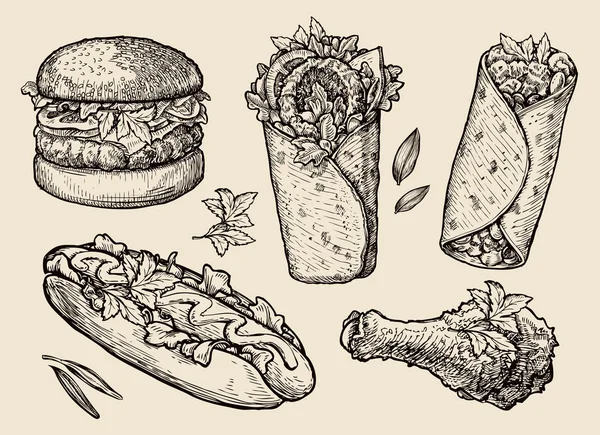 lokanta. El çekilmiş hamburger, hamburger, pizza, sandviç, tavuk budu, sosisli sandviç, börek, shawarma, döner, pide. Sketch vektör çizim