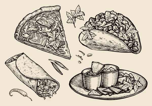 Fast food. Pizza à mão, sanduíche, tacos, nachos, burrito, shawarma, pão pita. Desenho ilustração vetorial —  Vetores de Stock
