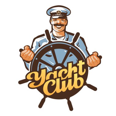 Yat Kulübü vektör logosu. gemi Kaptan, denizci veya dümen, direksiyon simidi simgesi