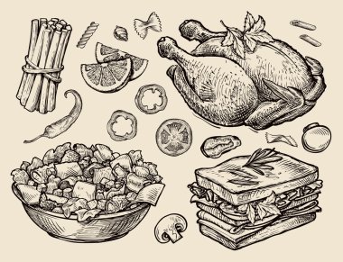 lokanta. El çekilmiş ızgara tavuk, salata, sandviç, erişte, mantar, havuç dilimleri, domates, biber. Sketch vektör çizim