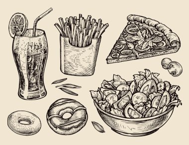 lokanta. el çekilmiş soda, limonata, patates kızartması, pizza, salata, tatlı, donut dilim. sketch vektör çizim