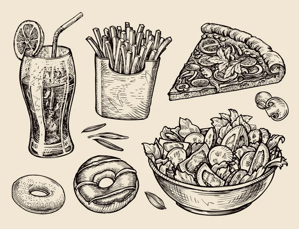 Snabbmat. hand dras läsk, saft, pommes frites, bit av pizza, sallad, dessert, donut. skiss vektor illustration — Stock vektor