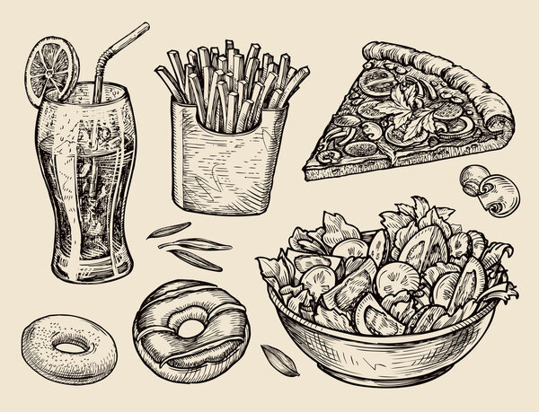 fast food. hand drawn soda, lemonade, fries, slice of pizza, salad, dessert, donut. sketch vector illustration