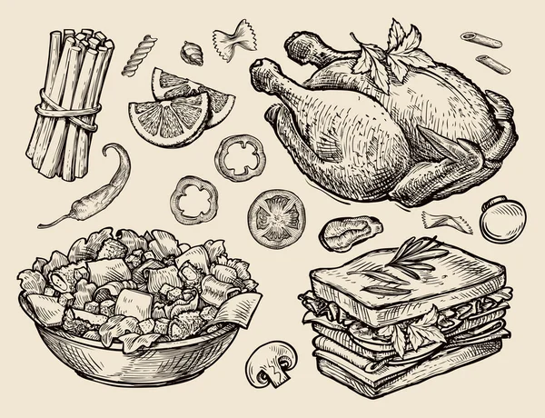 Фаст-фуд Жареная курица, салат, сэндвич, вермичелли, грибы, морковные палочки, помидоры, перец. Векторная иллюстрация Стоковая Иллюстрация