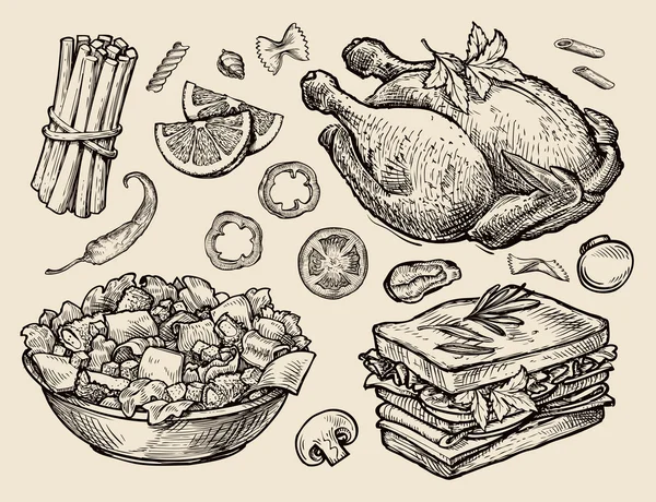 Snabbmat. Hand dras grillad kyckling, sallad, smörgås, spån, svamp, Morotsstavar, tomater, paprika. Skiss vektor illustration Stockillustration