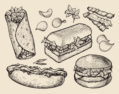 lokanta. çizilmiş çizburger, burrito, jambon, pastırma, sandviç, sosisli sandviç, crisp, burger ver. sketch vektör çizim