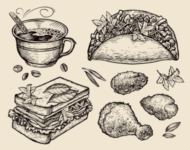 lokanta. el çekilmiş kahve fincanı, yemek, sandviç, ekmek kırıntıları içinde tavuk. sketch vektör çizim