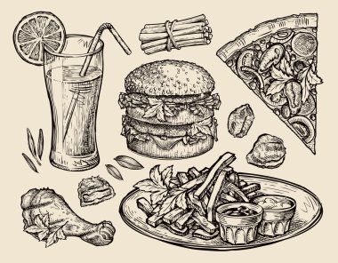 lokanta. çizilmiş pizza, hamburger, patates kızartması, hamburger, ızgara tavuk, nuggets, taze meyve suyu ver. sketch vektör çizim