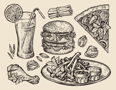 fast food. hand drawn pizza, hamburger, fries, burger, grilled chicken, nuggets, fresh juice. sketch vector illustration