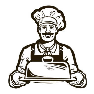 bir Chef şapka ve sıcak tabak tepsi ile çizim. çizilmiş vektör çizim el