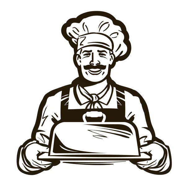 Tekening van een chef-kok met hoed en kookplaat lade. hand getekende vectorillustratie — Stockvector