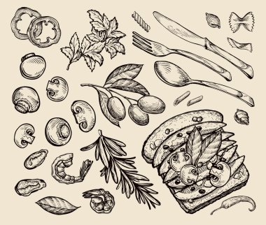 lokanta. el çekilmiş sandviç, tost, zeytin, maydanoz, biberiye, makarna, midye, karides, mantar, biber, cayenne, bıçak, çatal, kaşık, defne yaprağı, dilimlenmiş domates. sketch vektör çizim
