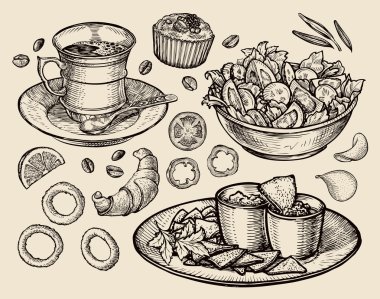 lokanta. el çekilmiş kahve, çay, sebze salatası, cips, muffin, tatlı, kruvasan, soğan, domates. sketch vektör çizim