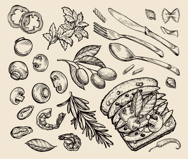 Φαστ φουντ. χέρι που σάντουιτς, τοστ, ελιές, μαϊντανό, δεντρολίβανο, ζυμαρικά, μύδια, γαρίδες, μανιτάρια, πιπέρι, κόκκινο πιπέρι, μαχαίρι, πιρούνι, κουτάλι, φύλλο δάφνης, κομμένο σε φέτες ντομάτας. σκίτσο διανυσματικά εικονογράφηση — Διανυσματικό Αρχείο