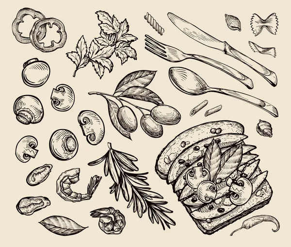 Restauration rapide. sandwich dessiné à la main, pain grillé, olives, persil, romarin, pâtes, moules, crevettes, champignons, poivre, Cayenne, couteau, fourchette, cuillère, feuille de laurier, tomates tranchées. croquis illustration vectorielle — Image vectorielle